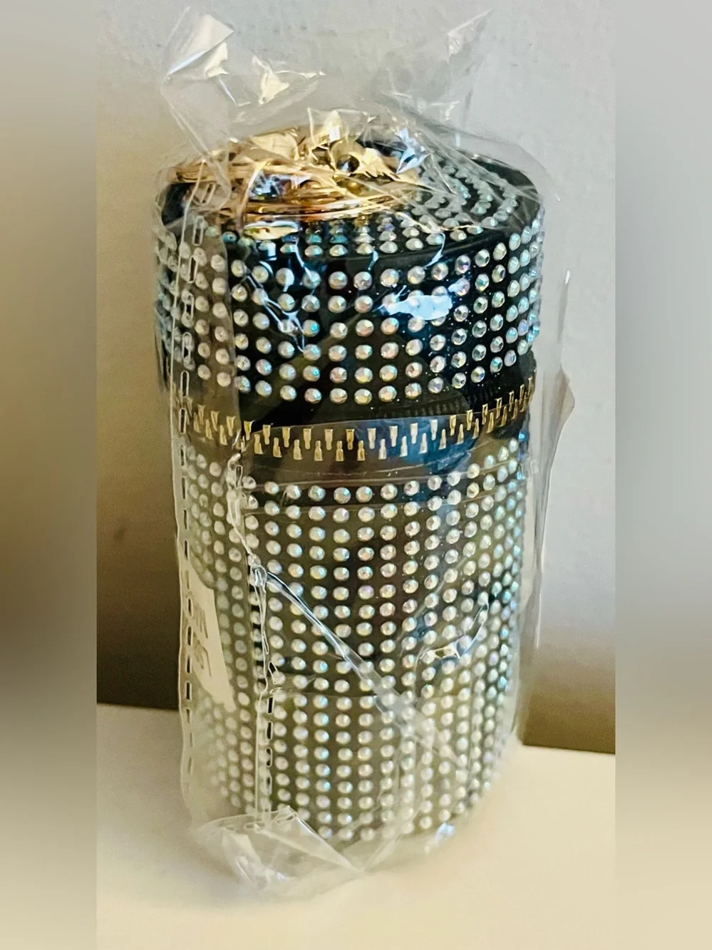 Rhinestone Studded Cylindrical Keychain Travel Case - silver & black